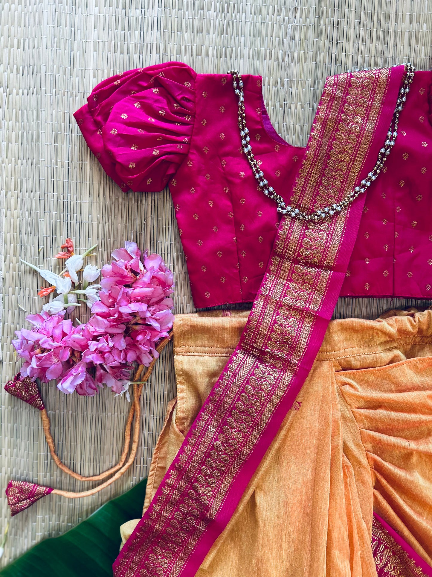 Mango yellow and festive pink  - Ready to wear saree for kids Ethnic wear for baby girl