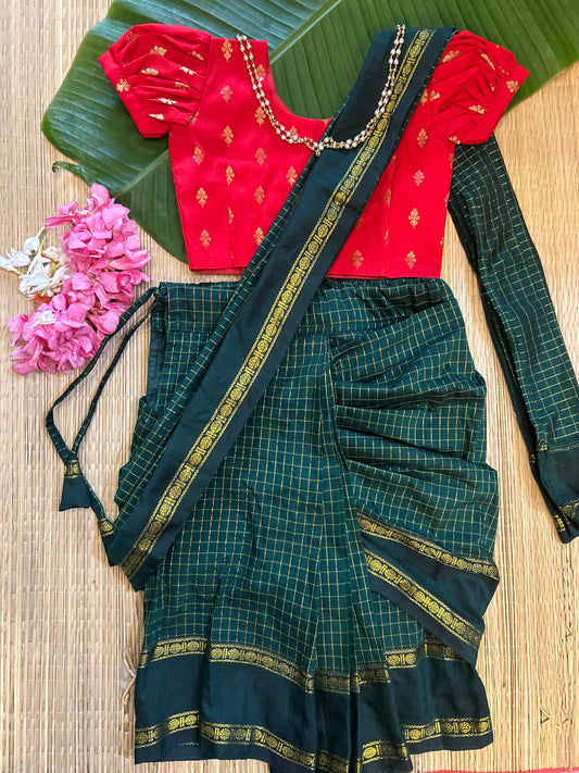 Bottle green and red  - Ready to wear muttukattam saree for kids Ethnic wear for baby girl