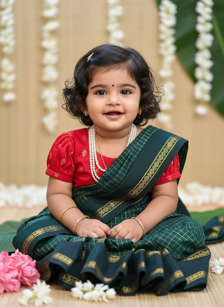 Bottle green and red  - Ready to wear muttukattam saree for kids Ethnic wear for baby girl