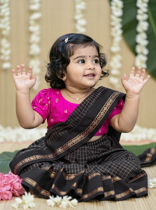 Checked Black and pink - Ready to wear muthukattam saree for kids Ethnic wear for baby girl