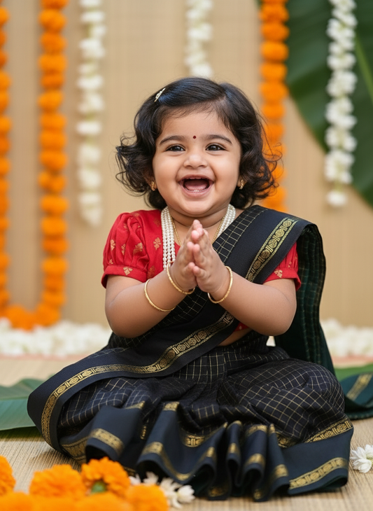 Red and black - Ready to wear muthukattam saree for kids Ethnic wear for baby girl