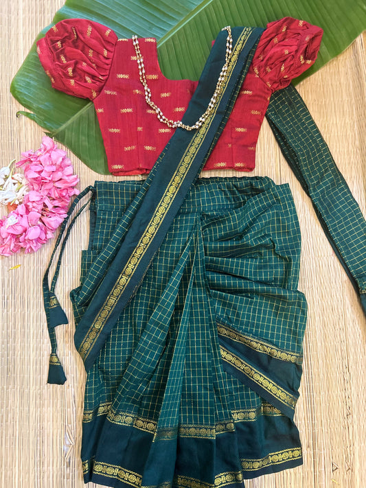 Bottle green and maroon  - Ready to wear muttukattam saree for kids Ethnic wear for baby girl