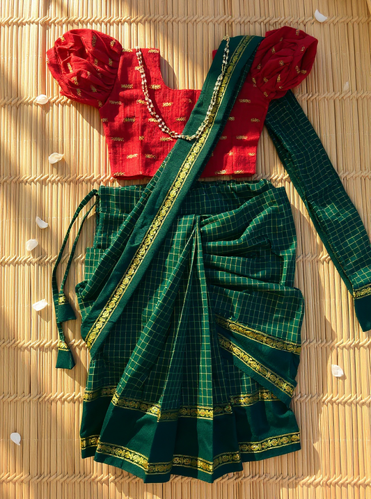 Bottle green and maroon  - Ready to wear muttukattam saree for kids Ethnic wear for baby girl