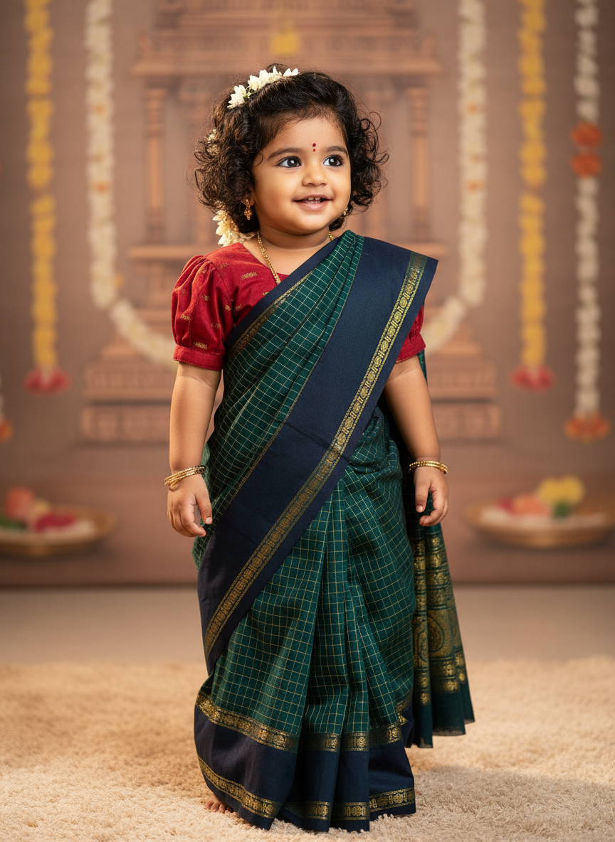 Bottle green and maroon  - Ready to wear muttukattam saree for kids Ethnic wear for baby girl