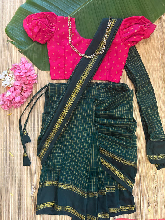 Bottle green and pink  - Ready to wear muttukattam saree for kids Ethnic wear for baby girl