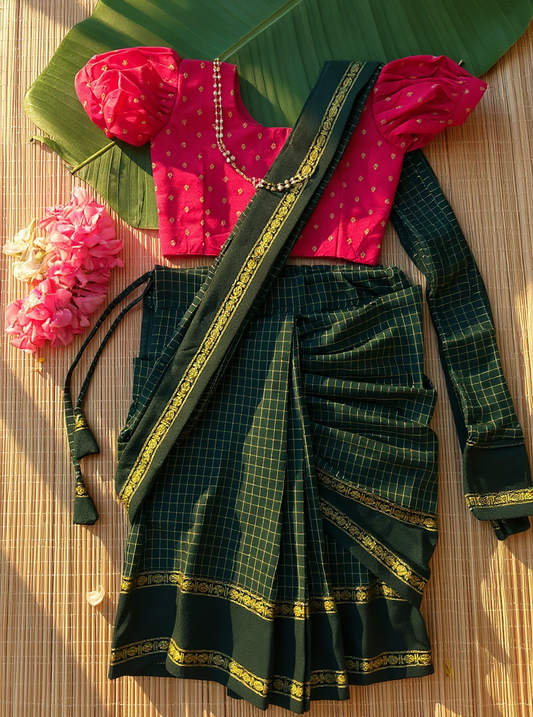 Bottle green and pink  - Ready to wear muttukattam saree for kids Ethnic wear for baby girl