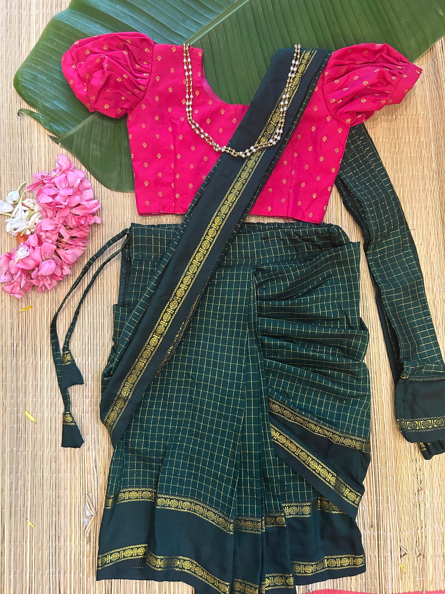 Bottle green with festive pink  - Ready to wear muttukattam cotton silk saree for kids Ethnic wear for baby girl