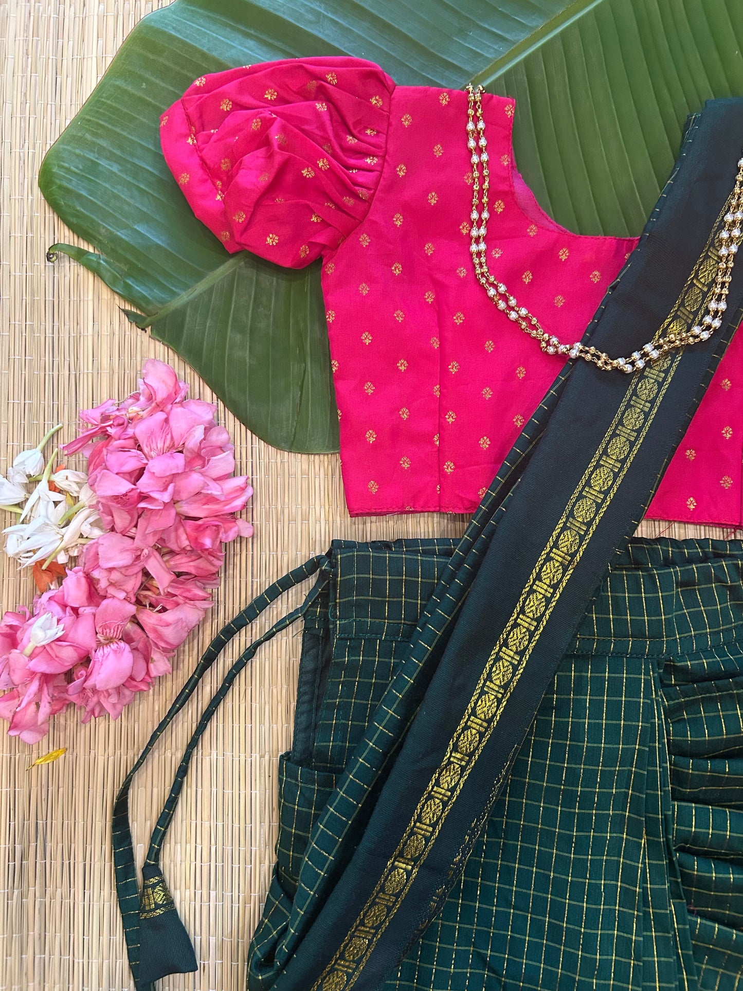 Bottle green with festive pink  - Ready to wear muttukattam cotton silk saree for kids Ethnic wear for baby girl