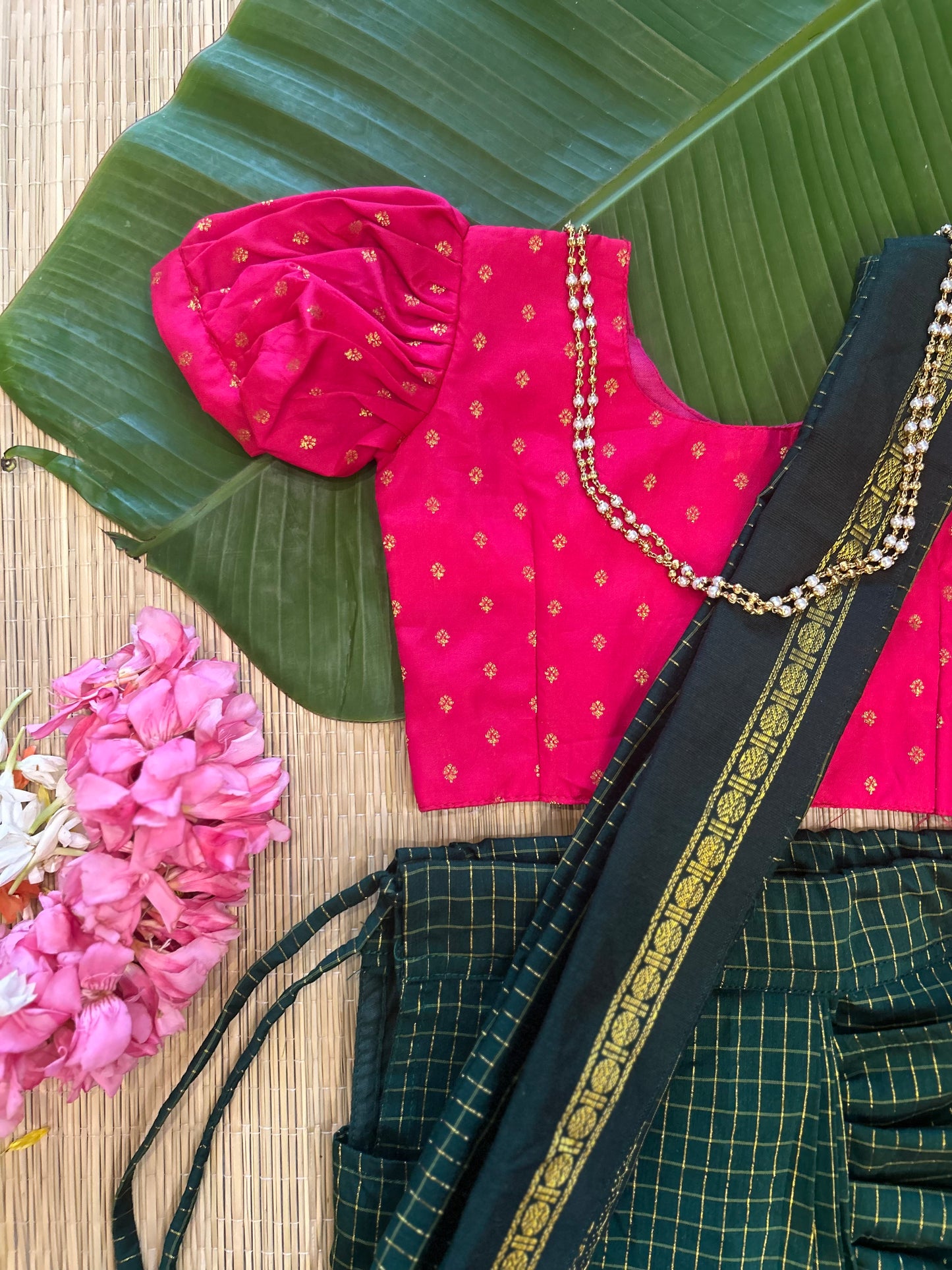 Bottle green with festive pink  - Ready to wear muttukattam cotton silk saree for kids Ethnic wear for baby girl