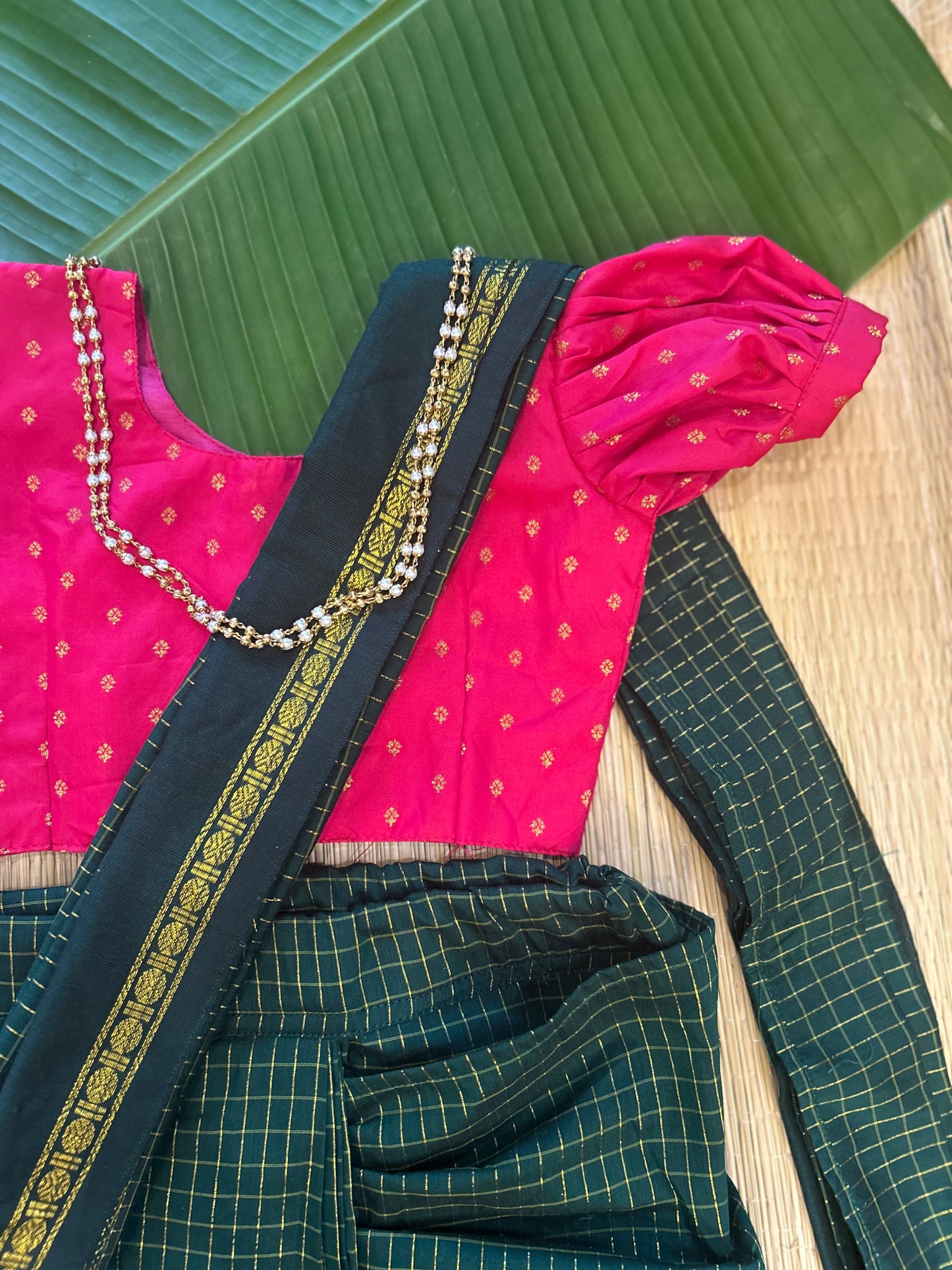 Bottle green with festive pink  - Ready to wear muttukattam cotton silk saree for kids Ethnic wear for baby girl