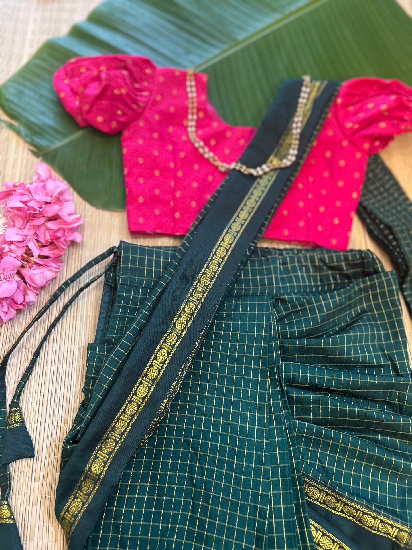 Bottle green with festive pink  - Ready to wear muttukattam cotton silk saree for kids Ethnic wear for baby girl