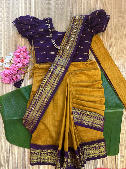 Mustard yellow and wine  - Ready to wear saree for kids Ethnic wear for baby girl