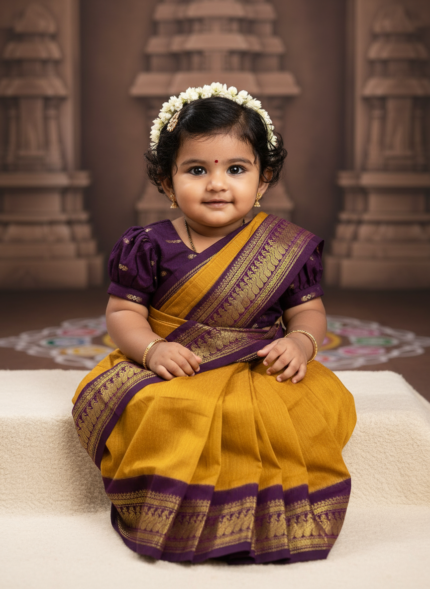 Mustard yellow and wine  - Ready to wear saree for kids Ethnic wear for baby girl