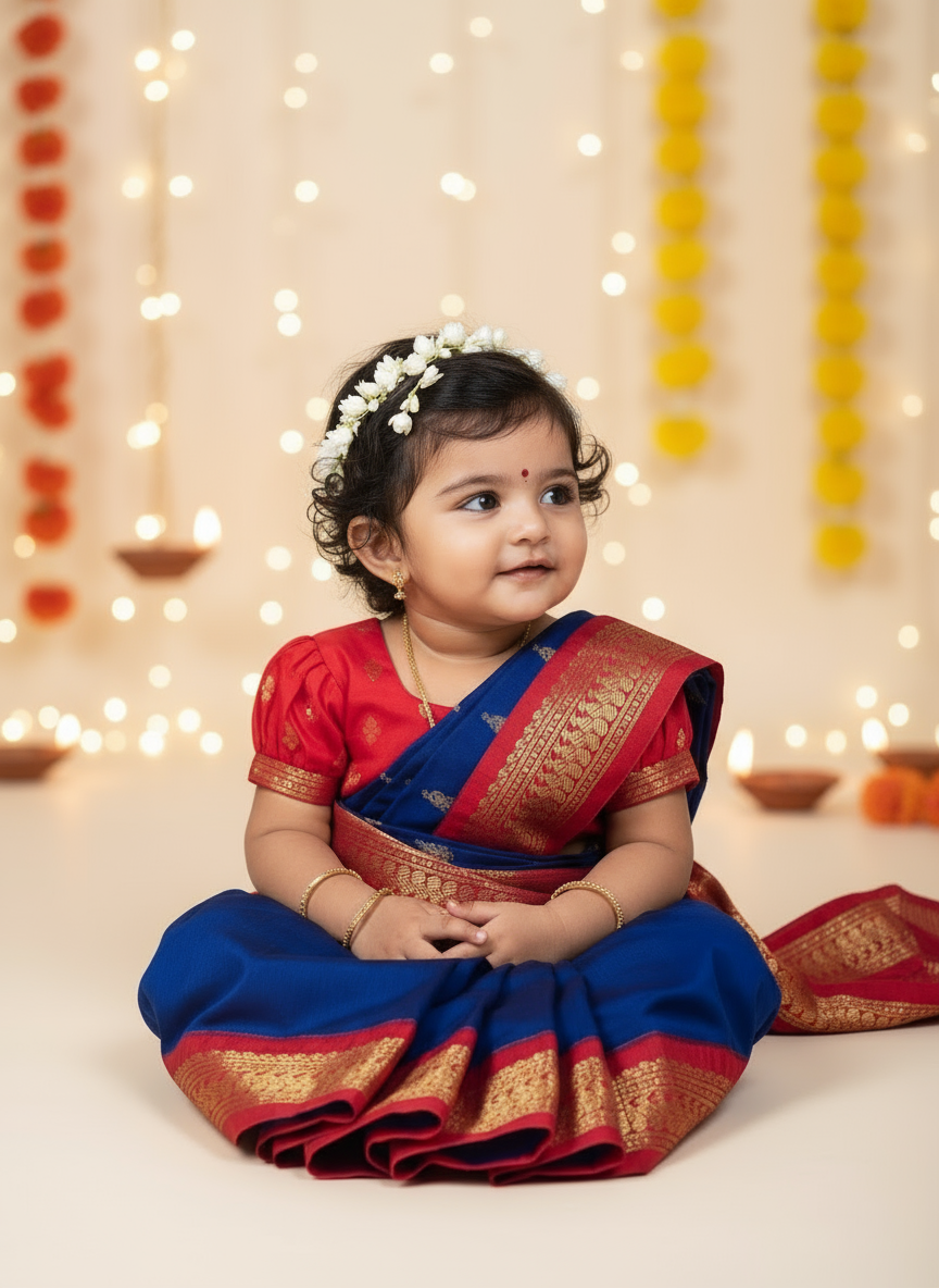 Royal blue and red  - Ready to wear saree for kids Ethnic wear for baby girl