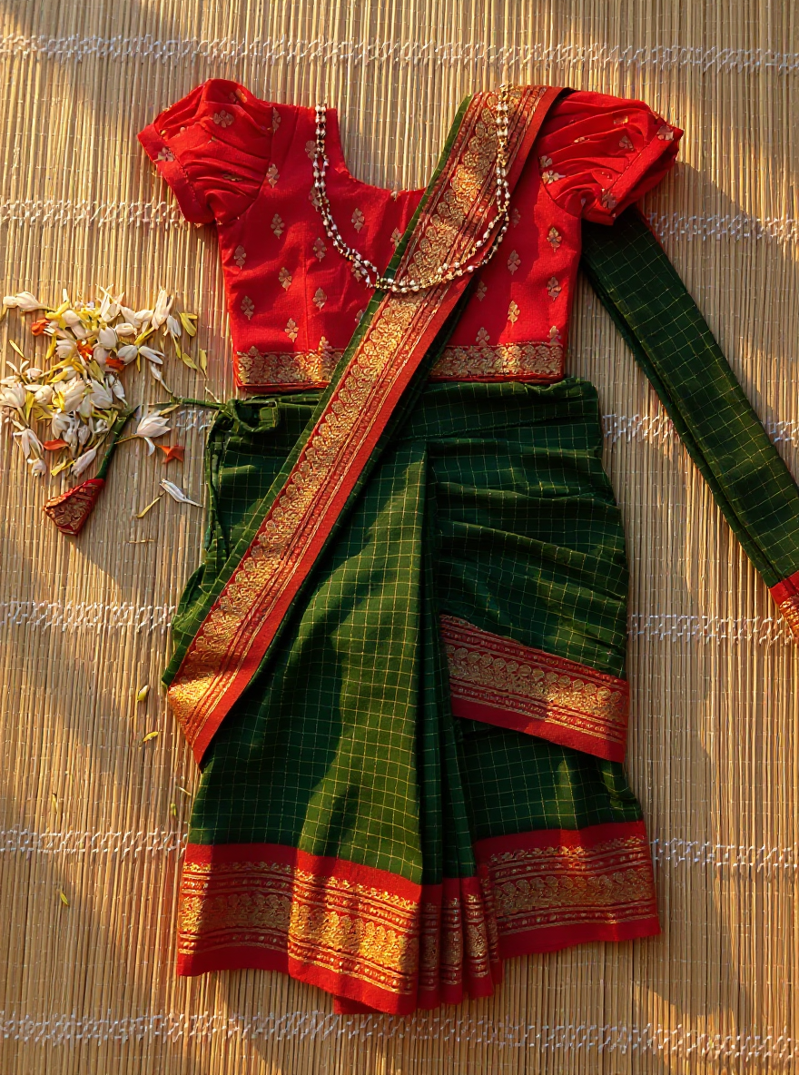 Red and bottle green  - Ready to wear saree for kids Ethnic wear for baby girl
