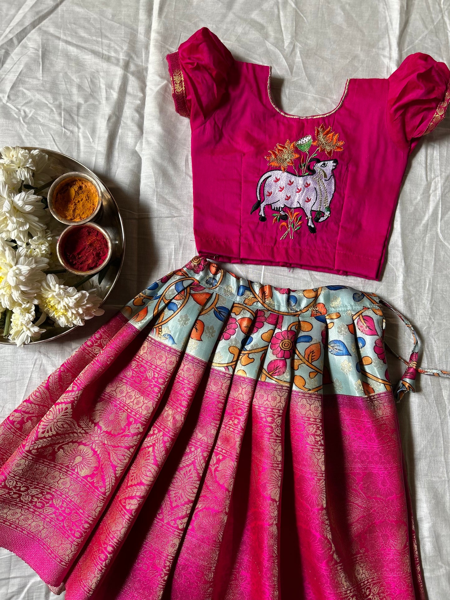 Pink and kalamkari traditional langa blouse kamadenu cow embroidered zari border ethnic wear for baby girl (Big Border)