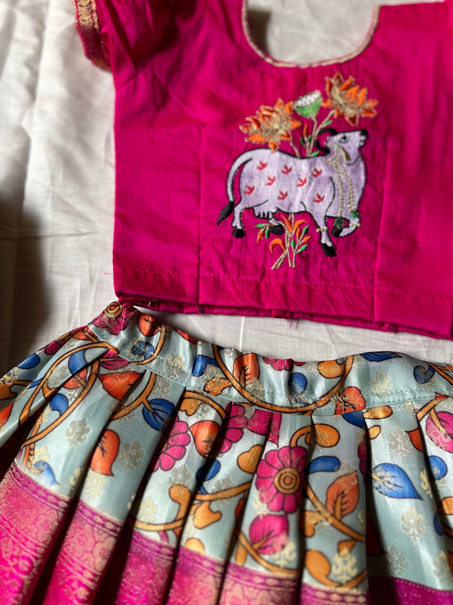 Pink and kalamkari traditional langa blouse kamadenu cow embroidered z Baby Me