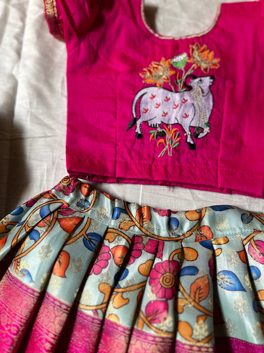 Pink and kalamkari traditional langa blouse kamadenu cow embroidered zari border ethnic wear for baby girl (Big Border)