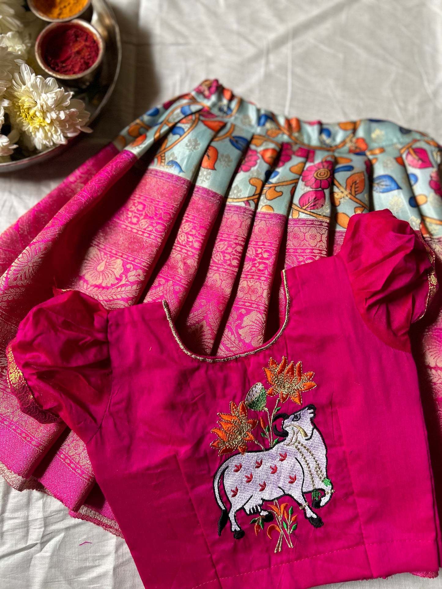 Pink and kalamkari traditional langa blouse kamadenu cow embroidered zari border ethnic wear for baby girl (Big Border)