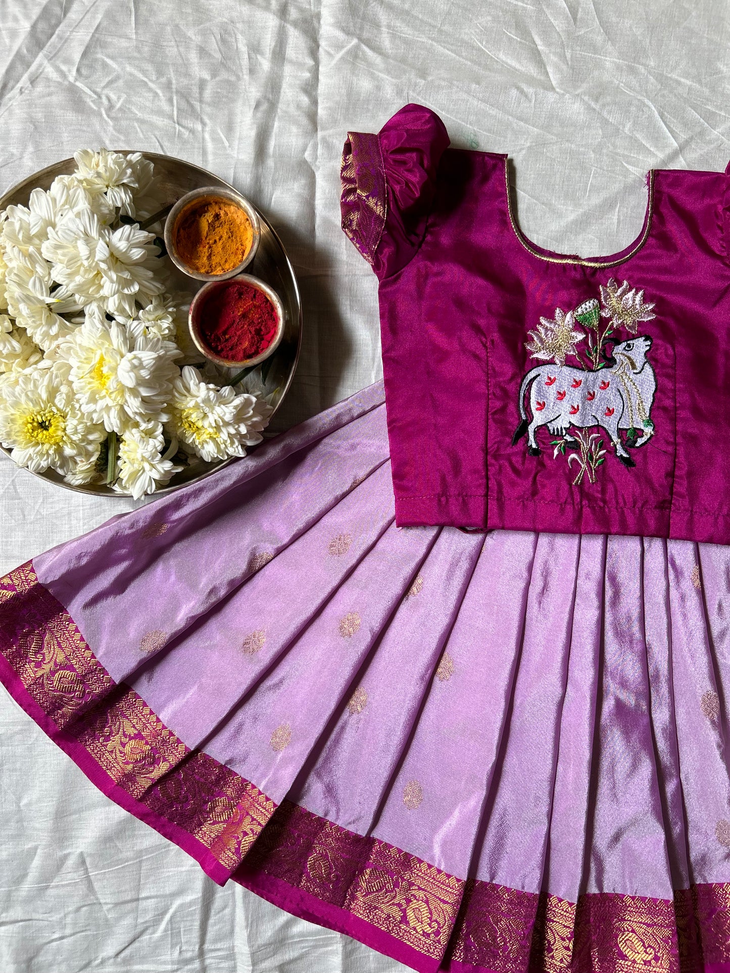 Magenta Pink and rare pink traditional langa blouse kamadenu cow embroidered zari border ethnic wear pattu pavadai silk for baby girl