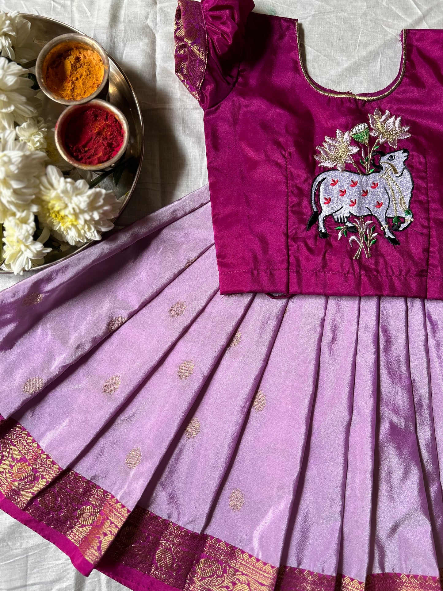 Magenta Pink and rare pink traditional langa blouse kamadenu cow embroidered zari border ethnic wear pattu pavadai silk for baby girl