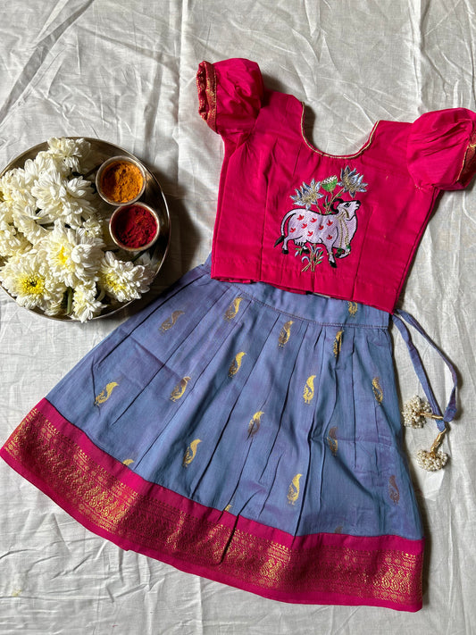 Pink and unicorn blue traditional langa blouse kamadenu cow embroidered zari border ethnic wear for baby girl