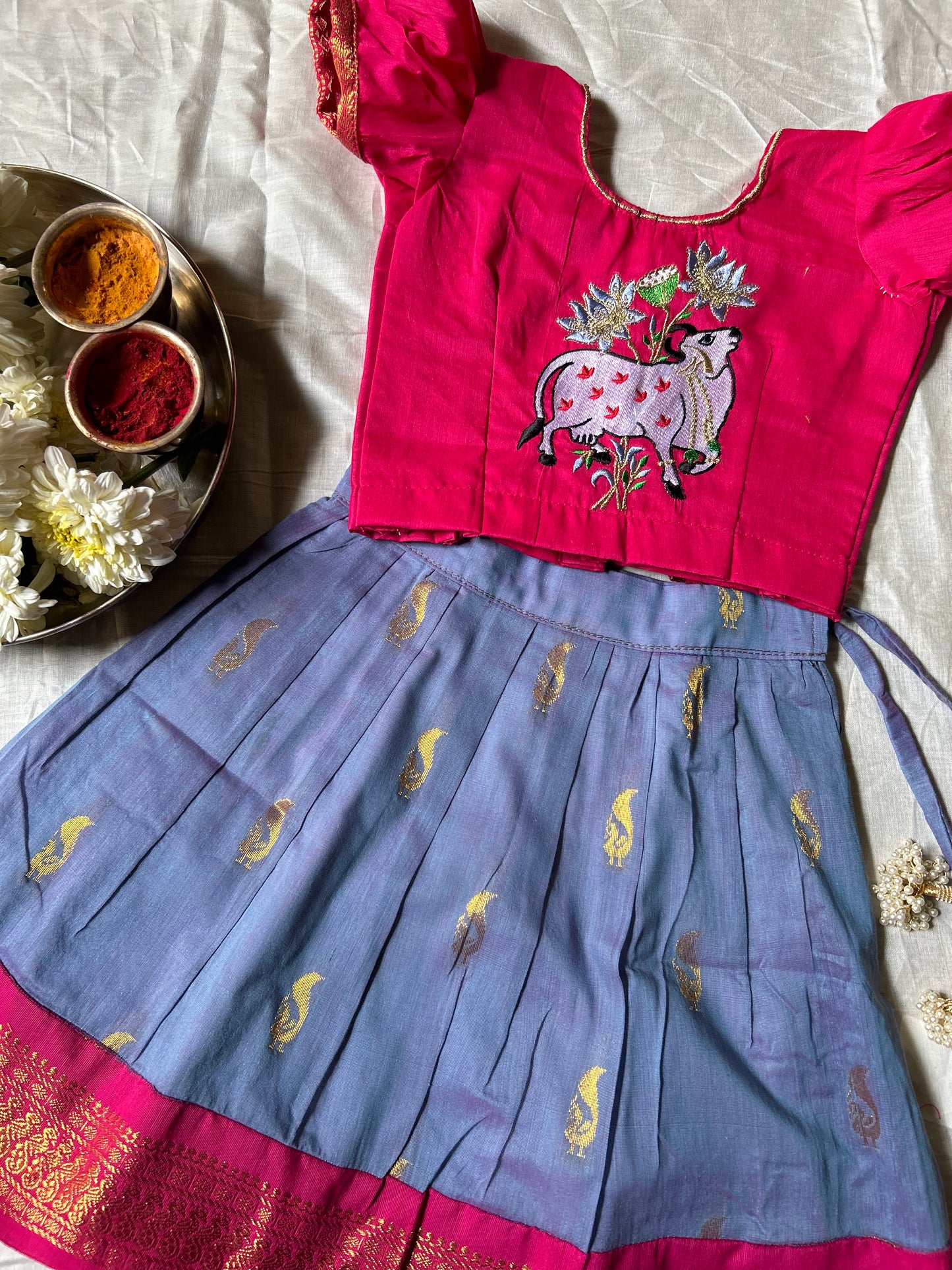 Unicorn and pink | cow embroidery blouse, pattu pavadai, lehenga for baby girl ethnic wear