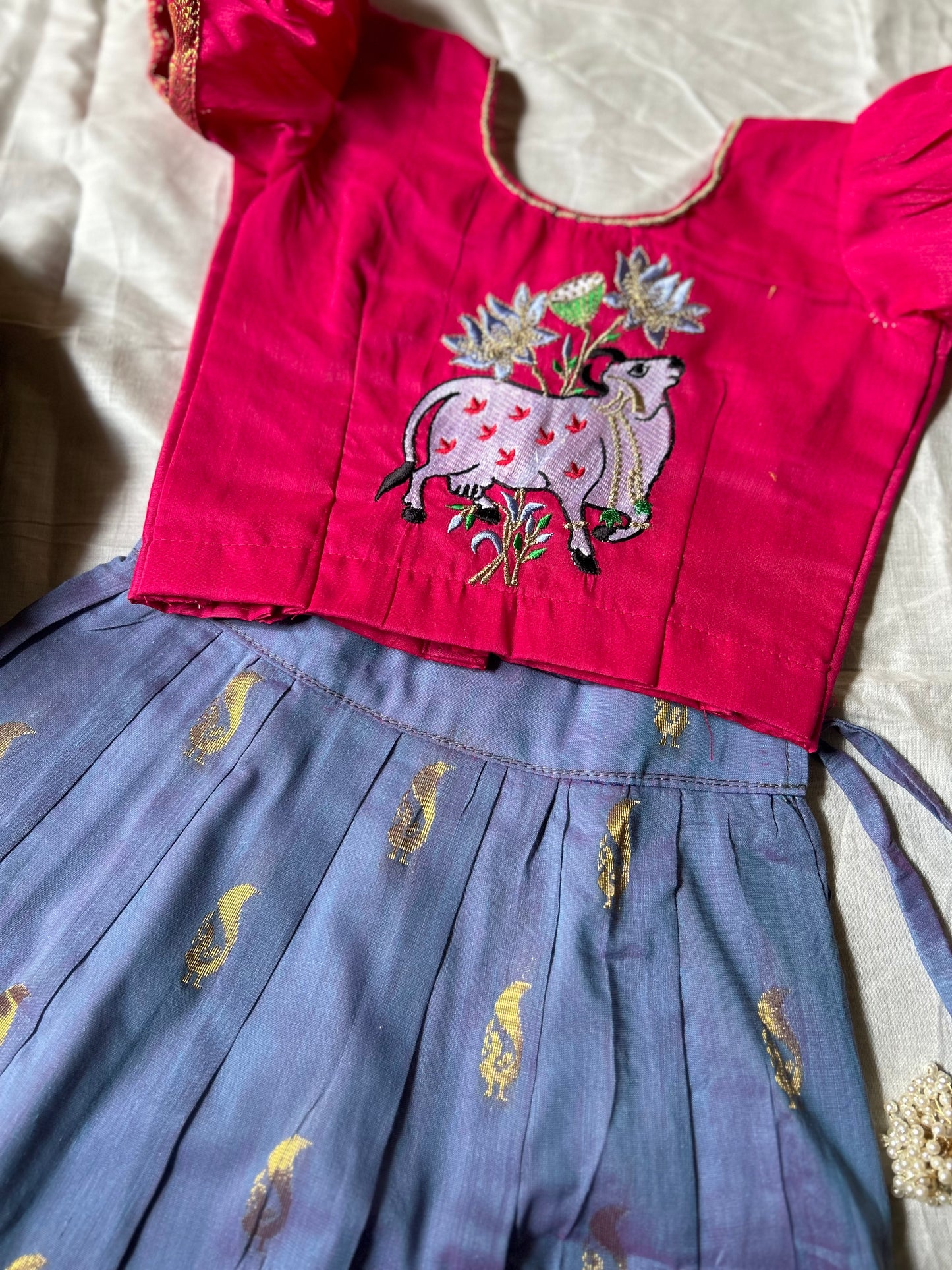 Unicorn and pink | cow embroidery blouse, pattu pavadai, lehenga for baby girl ethnic wear