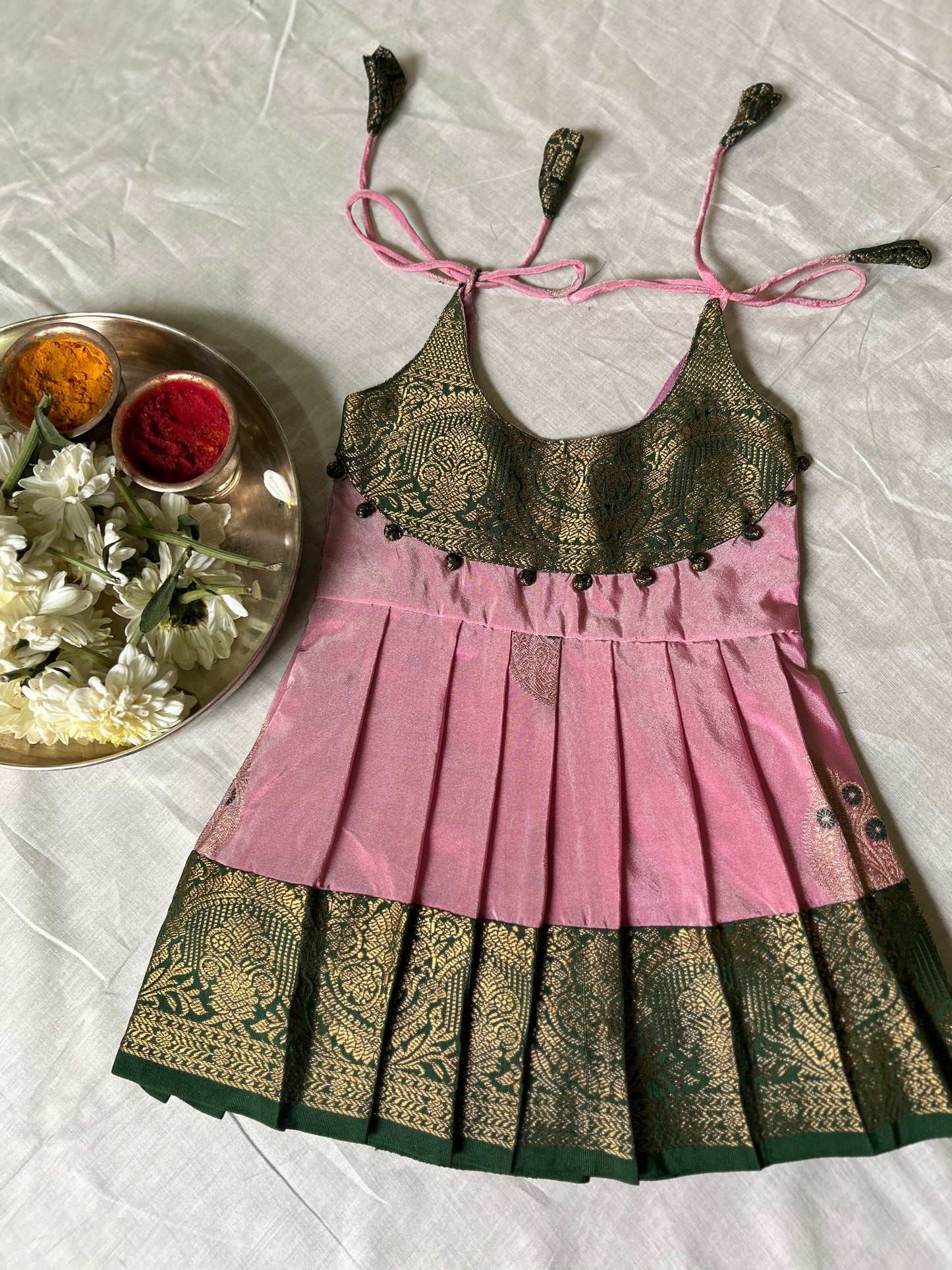 Padma - Traditional rare pink with green pattu silk ethnic wear for baby girl