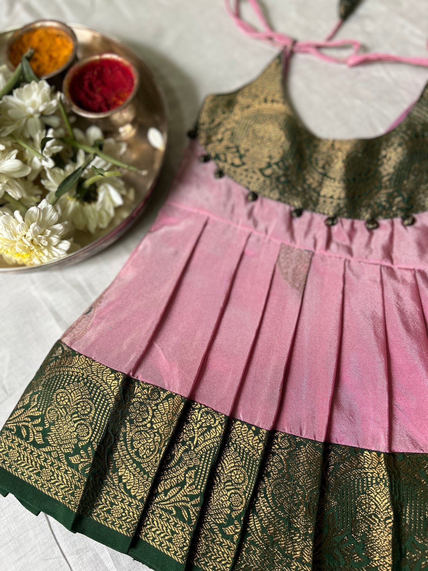 Padma - Traditional rare pink with green pattu silk ethnic wear for baby girl