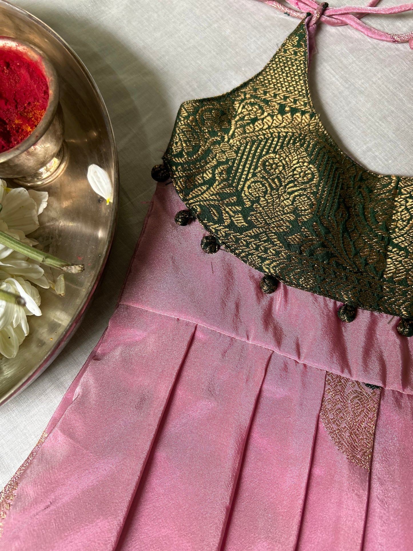 Padma - Traditional rare pink with green pattu silk ethnic wear for baby girl