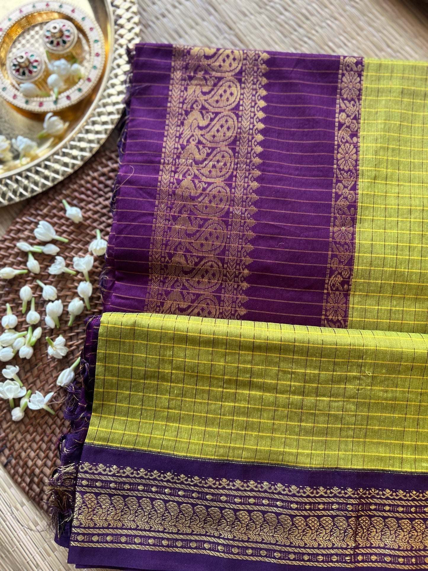 Green and wine - Premium Checked Cotton Silk Saree with Contrast Blouse