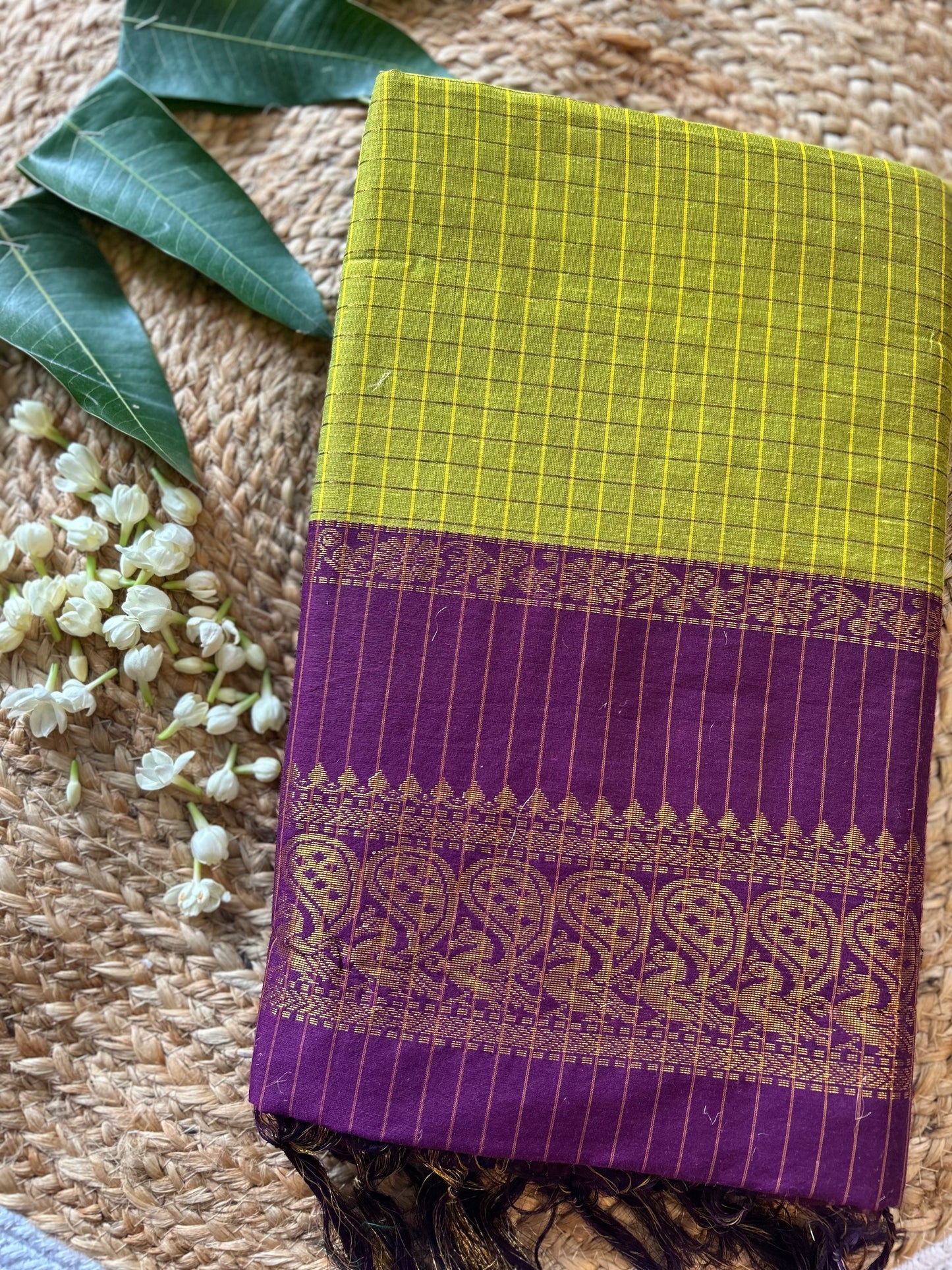 Green and wine - Premium Checked Cotton Silk Saree with Contrast Blouse