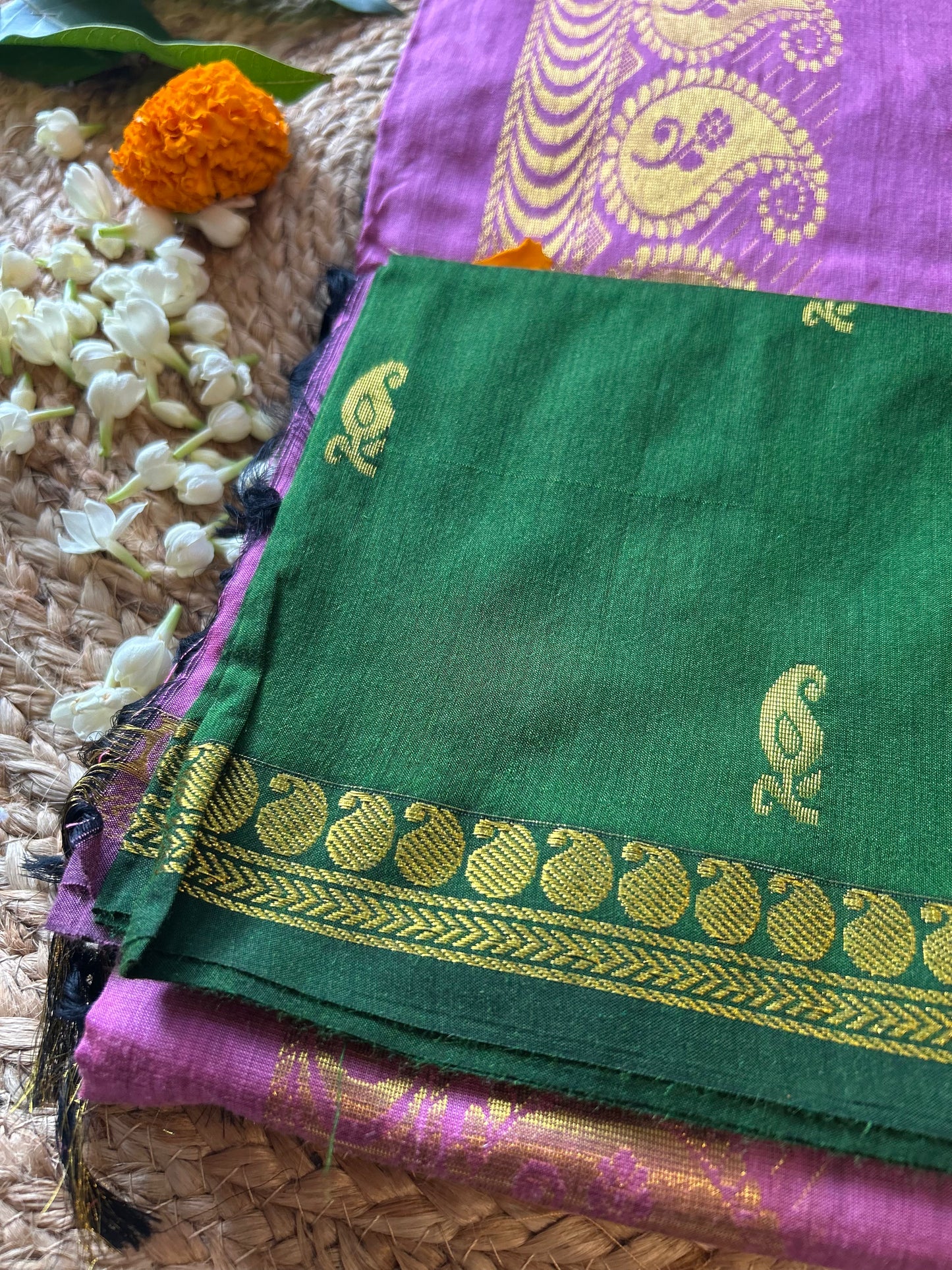 Bottle green with onion pink - Premium Cotton Silk Saree with Contrast Blouse