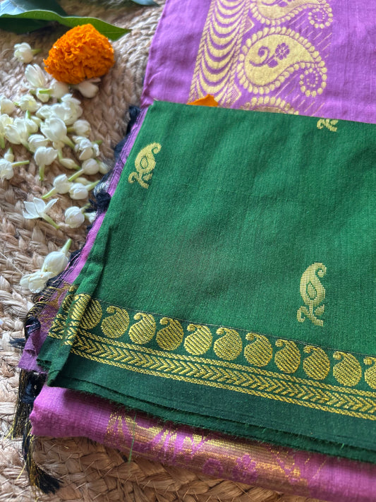 Bottle green with onion pink - Premium Cotton Silk Saree with Contrast Blouse