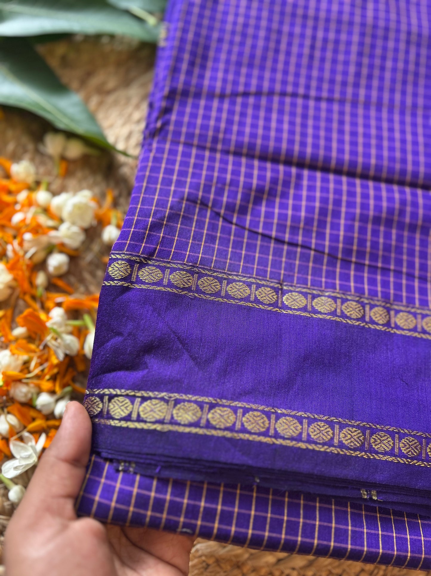 Purple - Premium Checked Cotton Silk Saree with Contrast Blouse