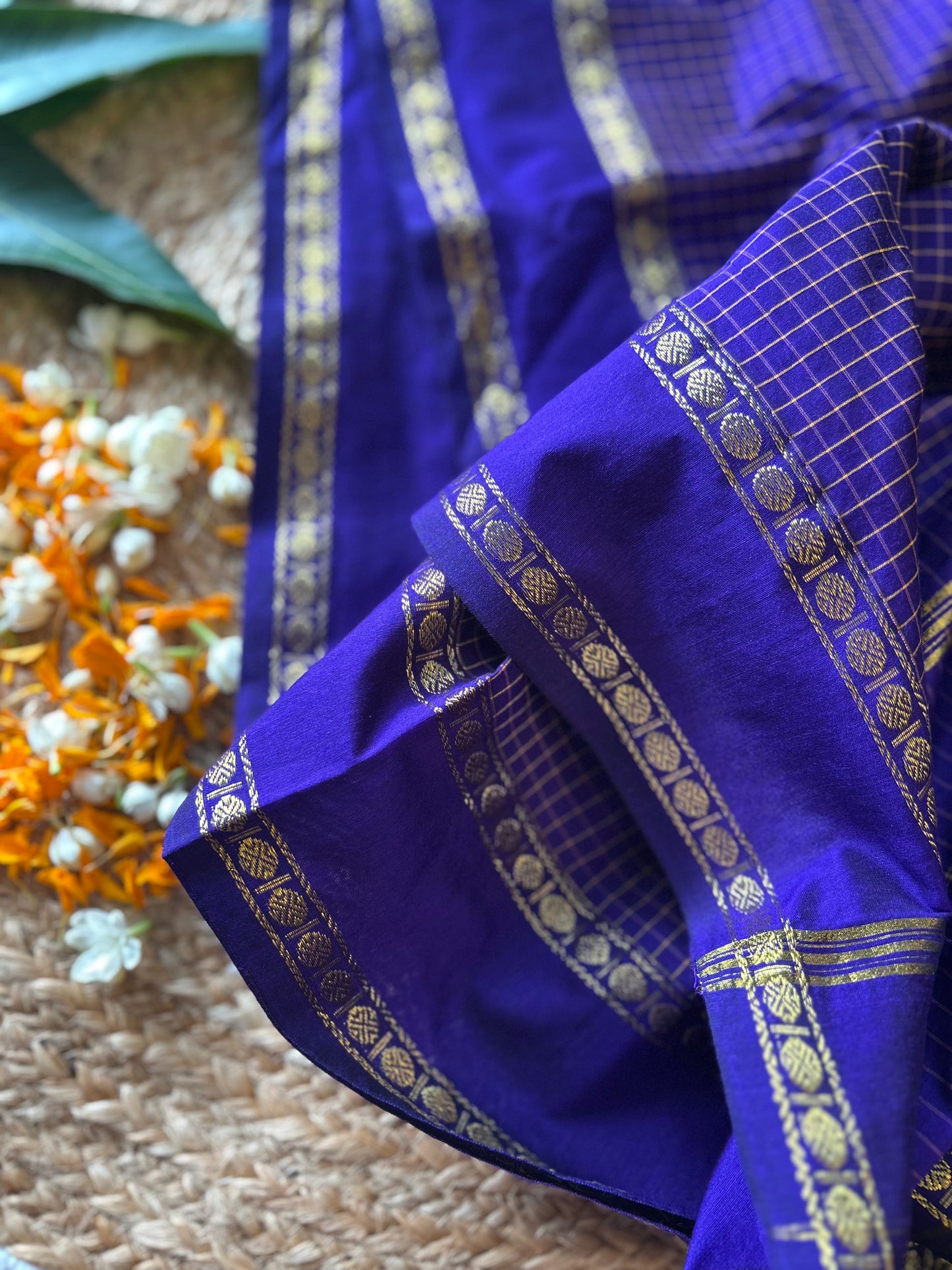 Purple - Premium Checked Cotton Silk Saree with Contrast Blouse