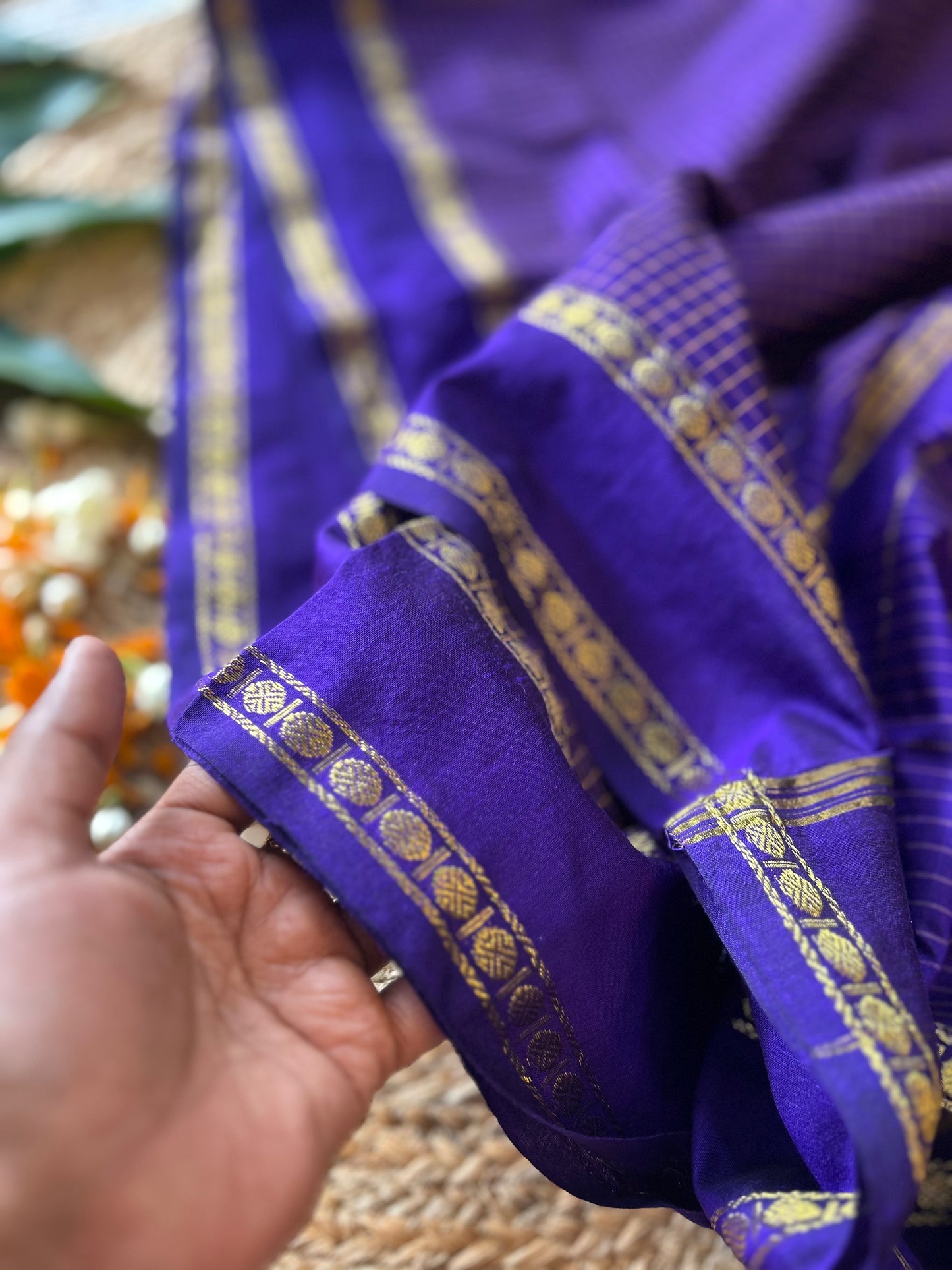 Purple - Premium Checked Cotton Silk Saree with Contrast Blouse