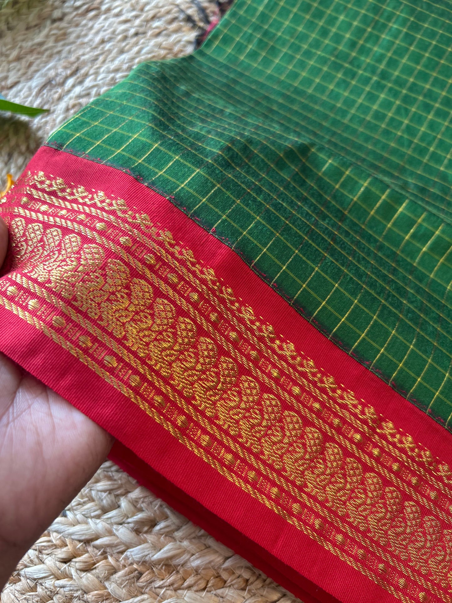 Bottle Green with Red - Premium Cotton Silk Saree with Contrast Blouse