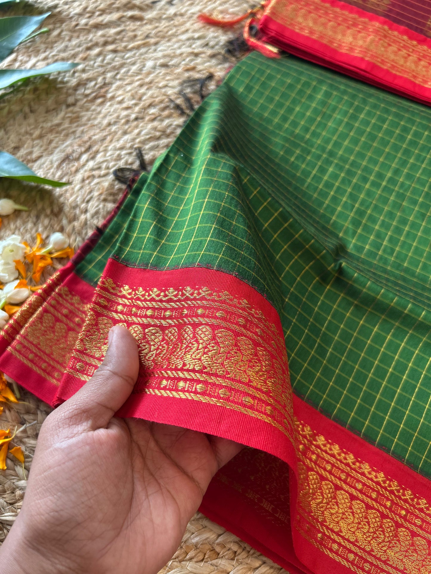 Bottle Green with Red - Premium Cotton Silk Saree with Contrast Blouse