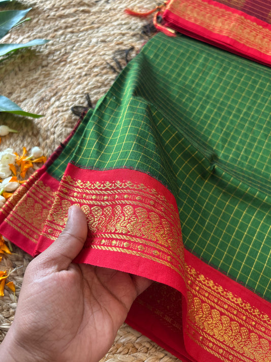 Bottle Green with Red - Premium Cotton Silk Saree with Contrast Blouse