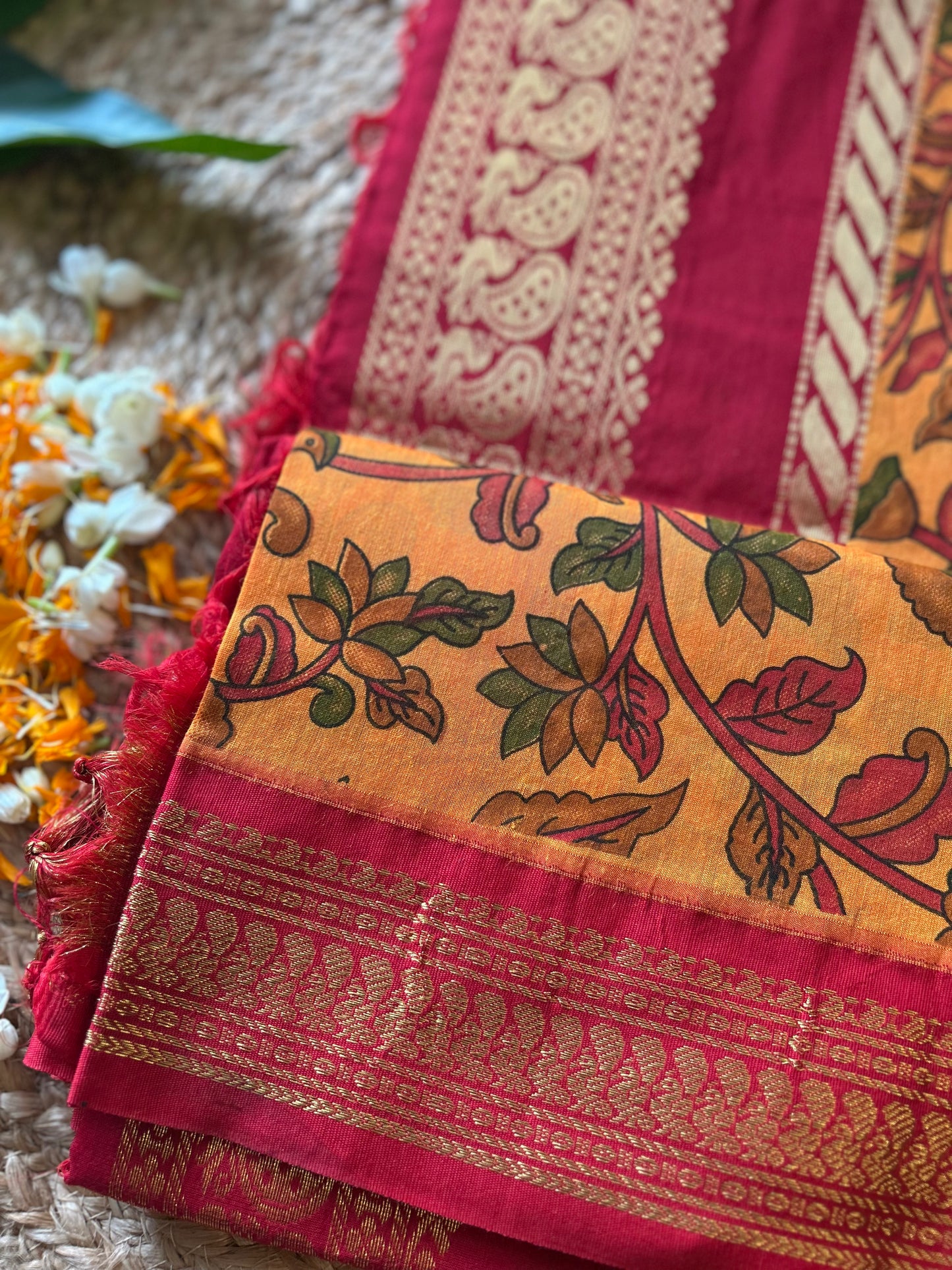 Yellow kalamkari with Red Border - Premium Cotton Silk Saree with Contrast Blouse