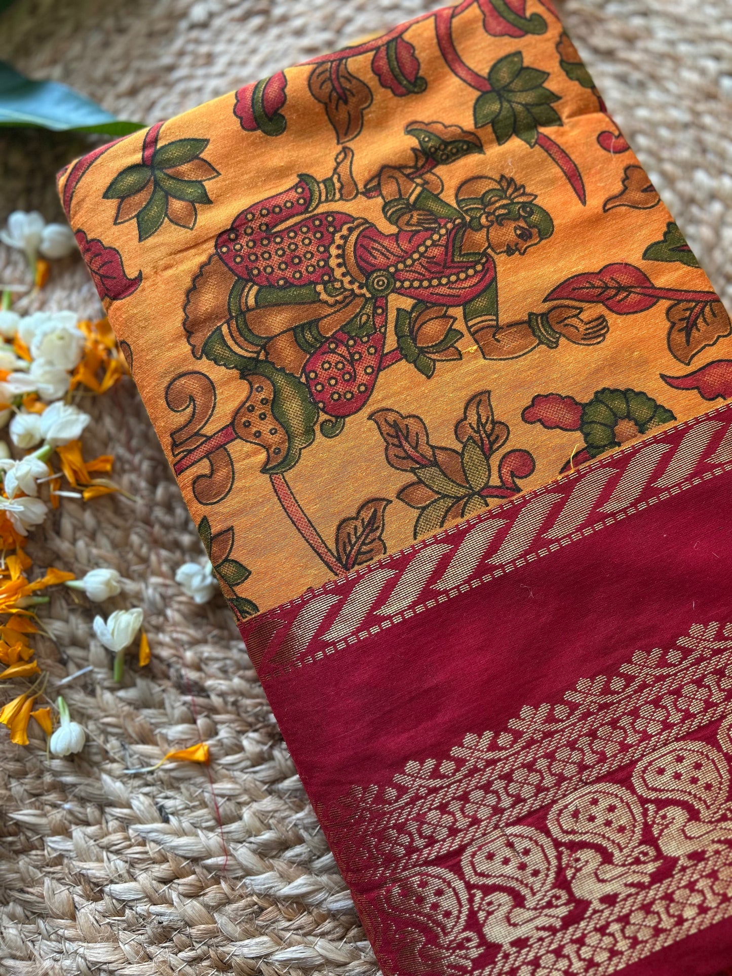 Yellow kalamkari with Red Border - Premium Cotton Silk Saree with Contrast Blouse