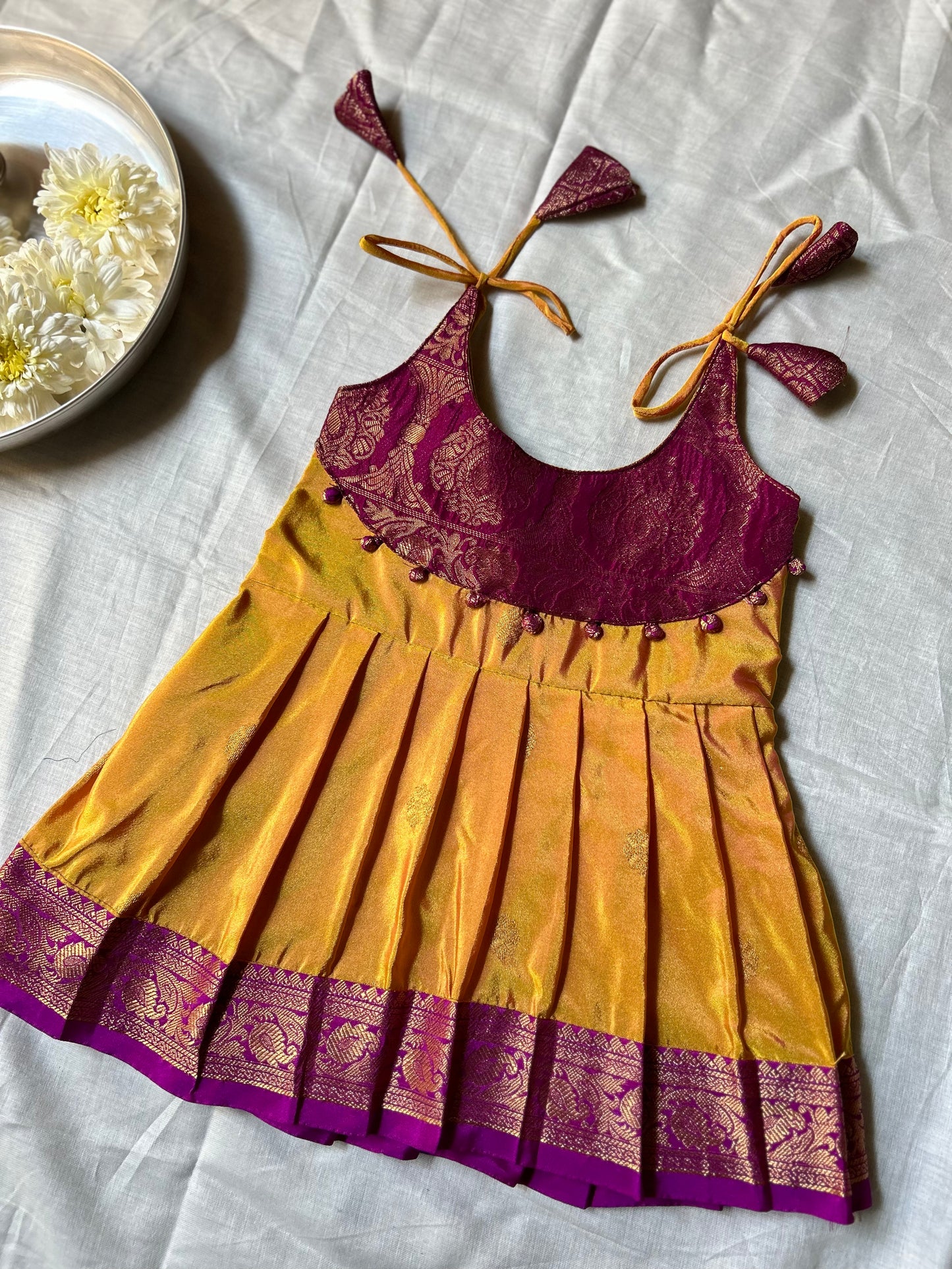 Ananya - Golden Yellow with deep pink pattu silk ethnic wear for baby girl