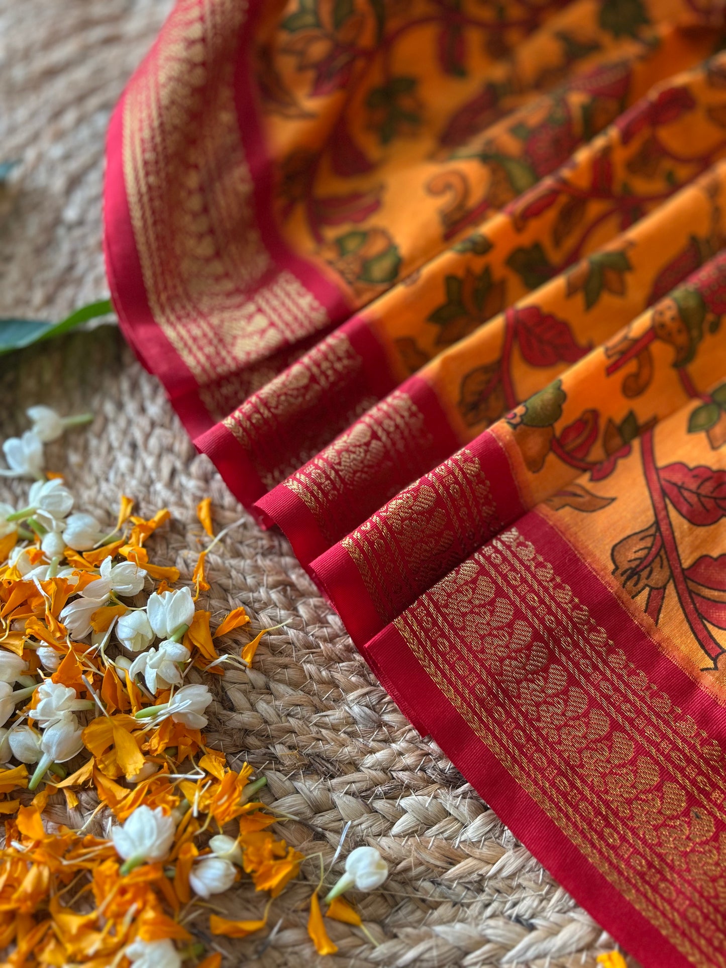 Yellow kalamkari with Red Border - Premium Cotton Silk Saree with Contrast Blouse