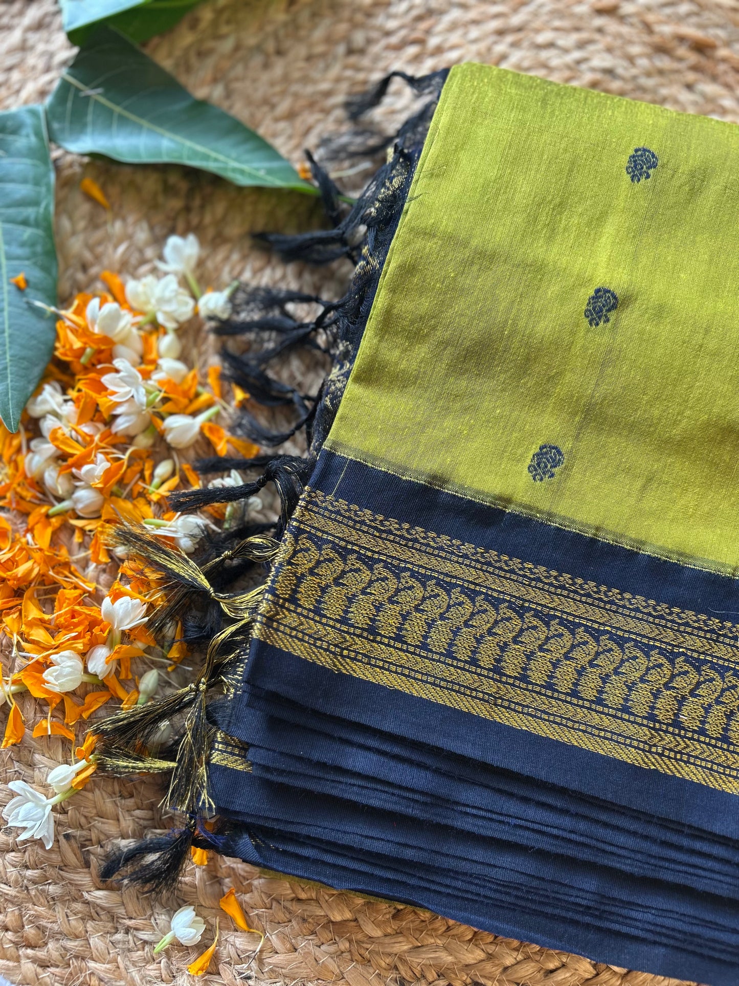 Green with Dark Blue border with zari work - Premium Cotton Silk Saree with Contrast Blouse