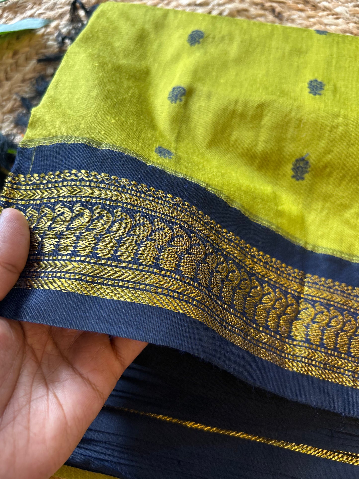 Green with Dark Blue border with zari work - Premium Cotton Silk Saree with Contrast Blouse