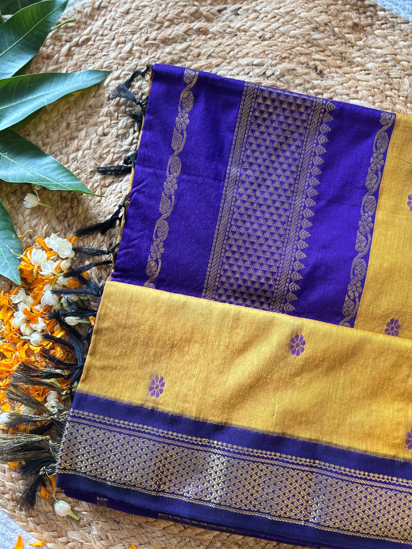 Yellow with purple zari work - Premium Cotton Silk Saree with Contrast Blouse
