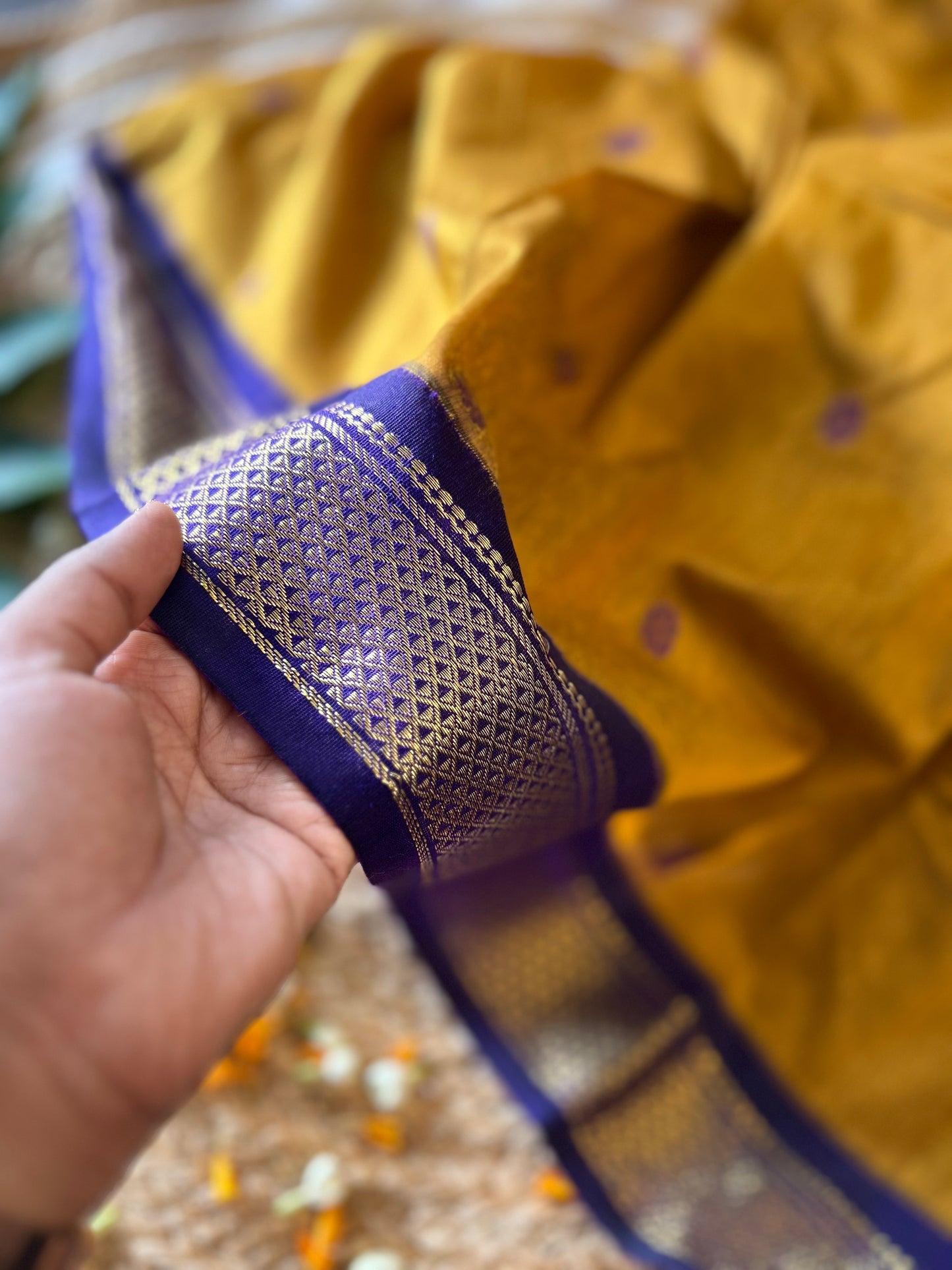 Yellow with purple zari work - Premium Cotton Silk Saree with Contrast Blouse