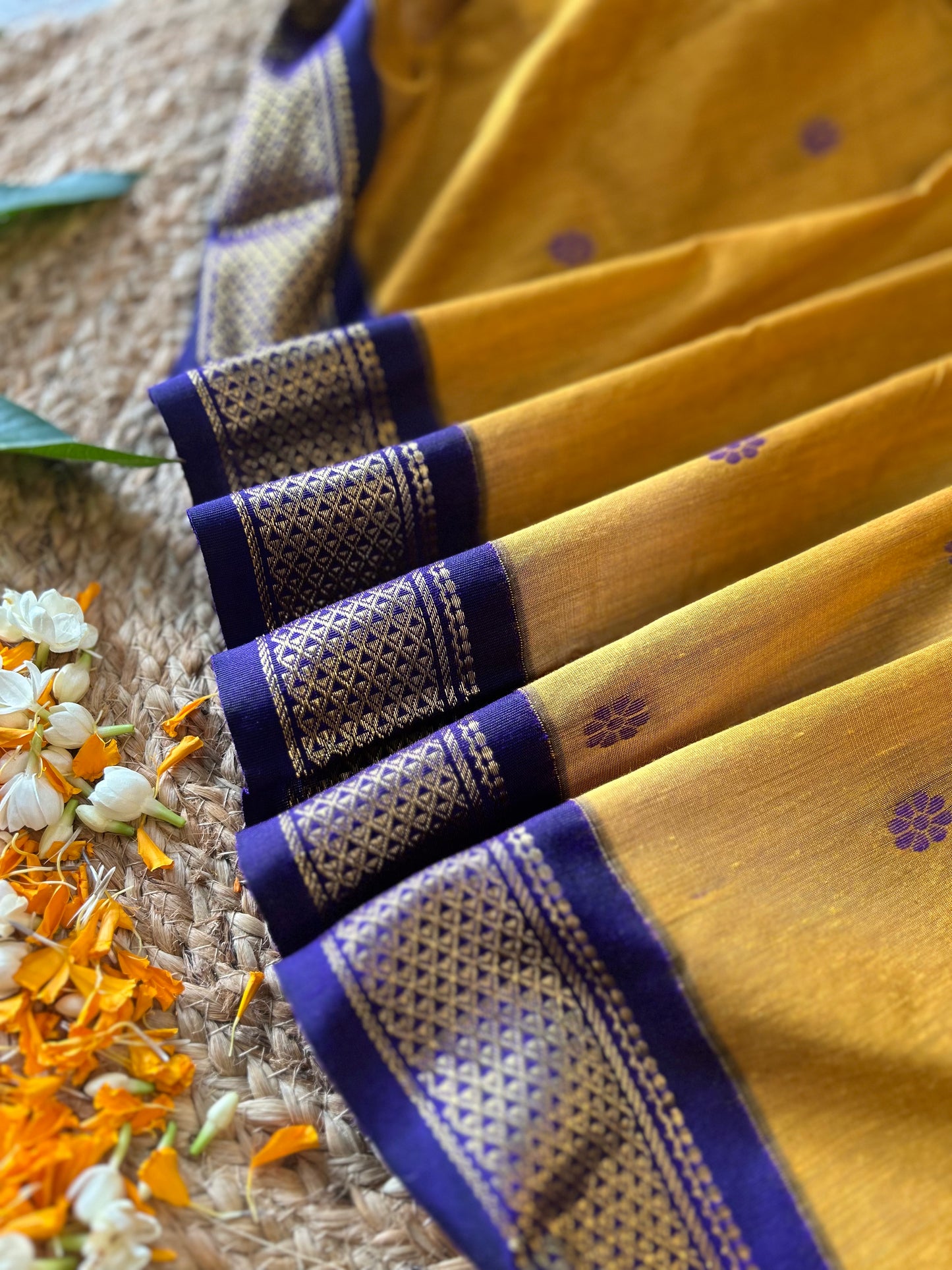 Yellow with purple zari work - Premium Cotton Silk Saree with Contrast Blouse